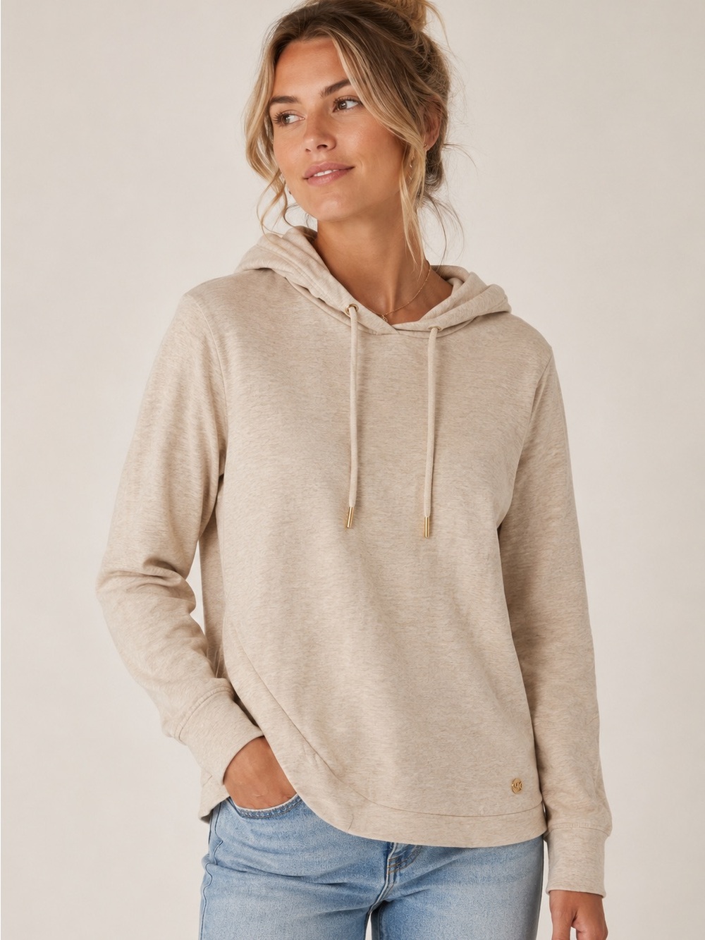Michael Michael Kors oatmeal cream Heathered V-Neck Hoodie Gold Hardware Size L